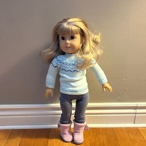American Girl Doll with Pink Boots and Blue Sweater
